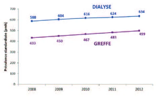 Figure 2 : Evolution de la prévalence globale standardisée de l’insuffisance rénale traitée par dialyse  ou greffe entre 2008 et 2012  (taux standardisés sur la population française au 31/12/2008 par million d’habitants) 
