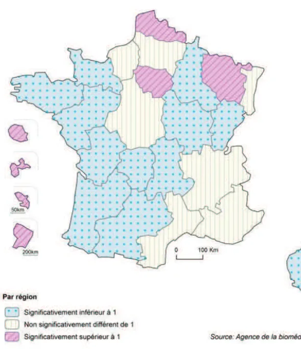 Figure 3 : Variations régionales de l’indice comparatif de prévalence globale de l’insuffisance rénale  terminale traitée par dialyse ou greffe 