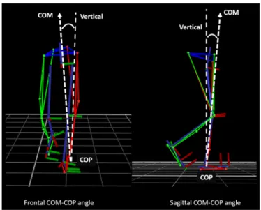 Fig. 1. Representation of COM-COP angle calculation in the sagittal and frontal planes.