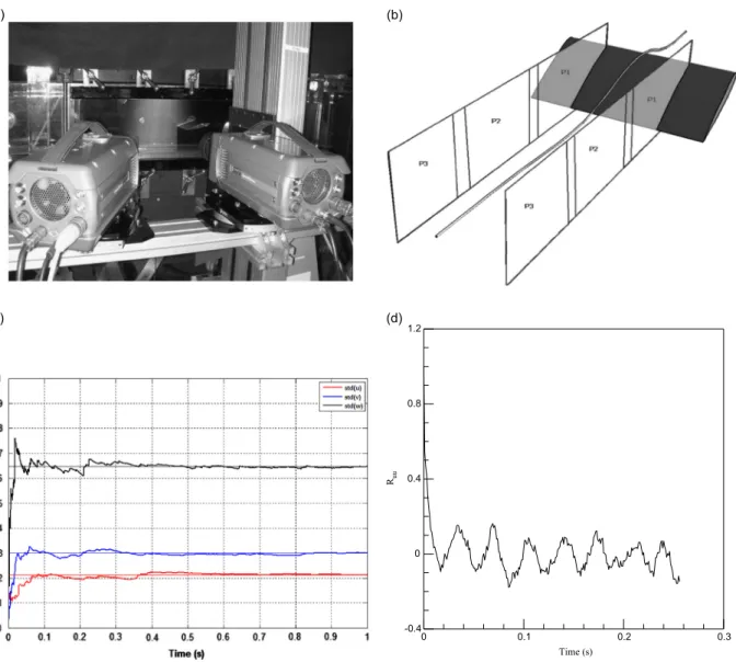 Fig. 2. (a) PIV set-up, (b) configuration of measurement planes, (c) statistical convergence test for the PIV measurement: rms values versus time and (d) autocorrelation function versus time.