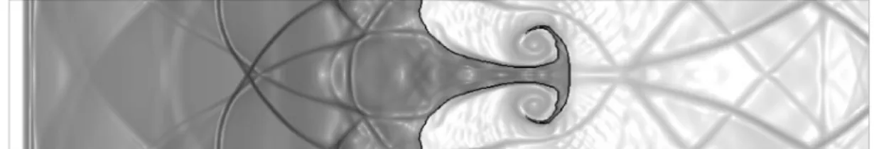 Figure 1: A shock wave traveling from air to helium at M=2.1 impinges on an initially undulated interface