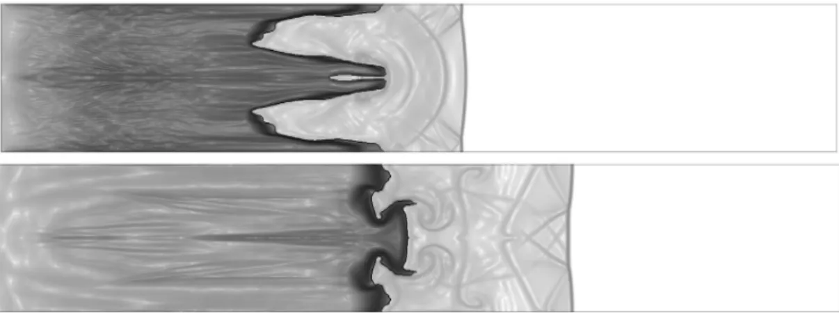 Figure 2: Upper picture: a shock wave traveling from the elastic material to air impinges on an initially undulated interface