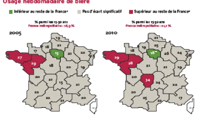 Illustration 5 : Usage hebdomadaire de bière dans les différentes régions françaises en  2005 et 2010 (source INPES 2010)