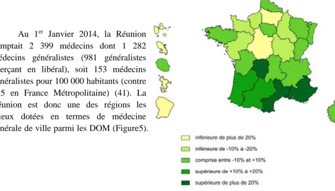 Figure 5 Densité de généralistes par rapport à la moyenne  (France et DOM) par région au 1er janvier 2013 