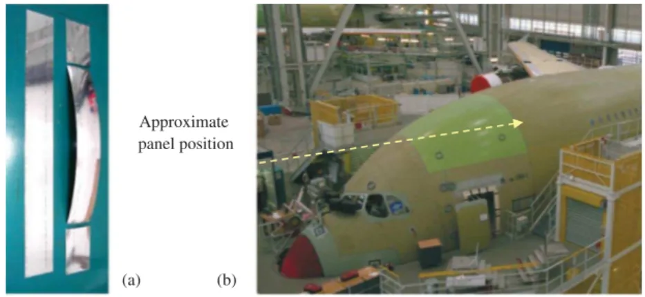 Figure 1. (a) Strip and formed part; (b) panels in the assembly zone.