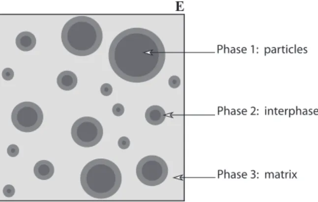 Figure 1: Schematic representation of a material reinforced by randomly distributed par- par-ticles of various sizes and coated with an interphase.