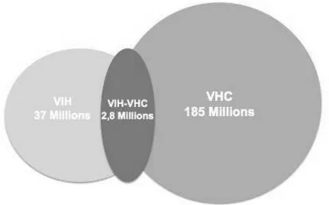 Figure 1: Nombre de personnes infectées par le VIH, par le VHC, et co-infecteés                                           par le VIH et le VHC dans le monde