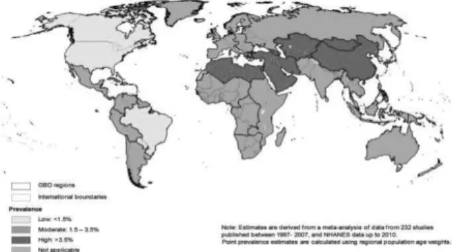 Figure 4 : Prévalence de la co-infection VHC chez les patients VIH dans le monde (5). 