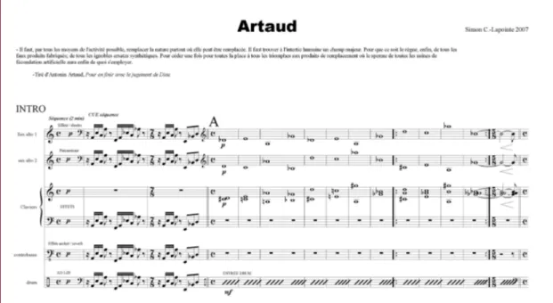 Figure 1.  Côté-Lapointe, Simon. Artaud. 2007. Première page du score.