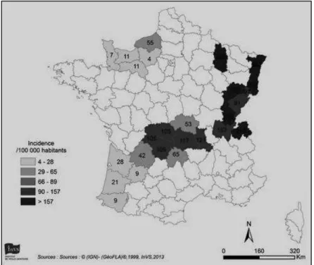 Figure 5 : Incidence de la maladie de Lyme en France pour 100.000 habitants  (source Institut National de Veille sanitaire 2013) 