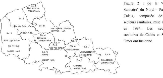 Figure 2 : de la ‘Carte  Sanitaire’ du Nord –  Pas-de-Calais, composée de 11  secteurs sanitaires, mise à jour  en 1994