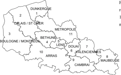 Figure 10 : « Carte Sanitaire » de la  région Nord - Pas-de-Calais, année  1999, 11 secteurs sanitaires libellés et  numérotés