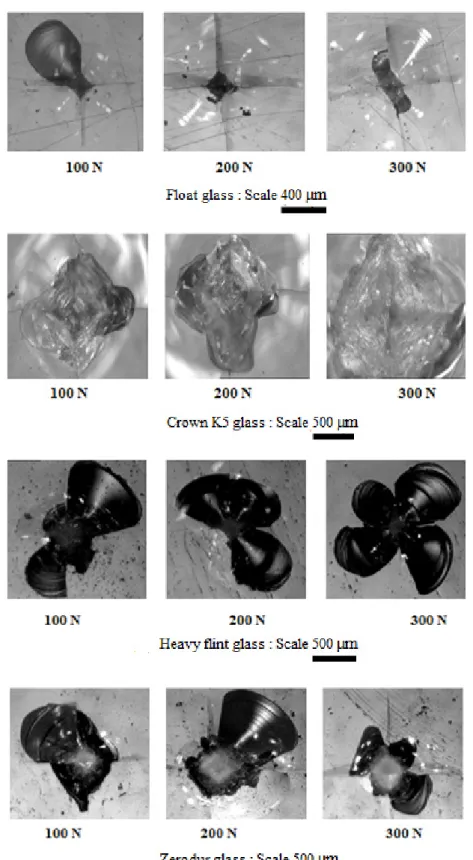 Fig. 10. Empreintes d’indentation sur les quatre verres ´ etudi´ es.