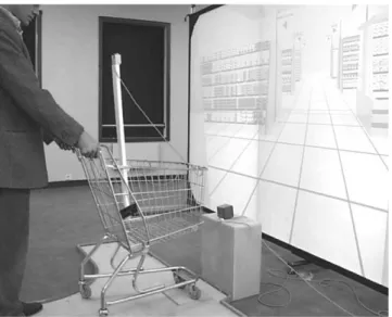 Figure 3. Behavioural interface using a trolley fitted with instruments for moving in a virtual store (photo Mines ParisTech) 