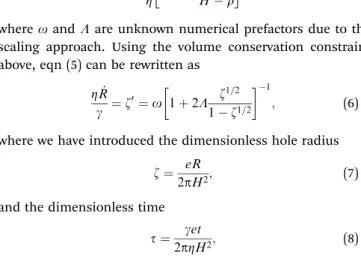 Fig. 3 Dimensionless hole radius as a function of dimensionless time for PS films, with indicated thickness e in nm, dewetting from symmetric PMMA layers for all of the experimental conditions studied