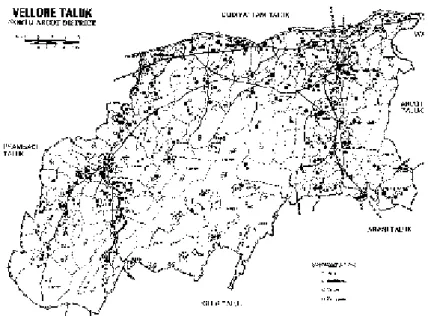 Figure 2 : Localisation des localités du taluk de Vellore (Tamil Nadu, Inde) d'après la carte du  recensement de 1981