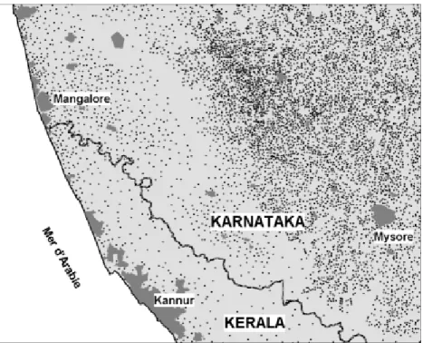 Figure 4 : Localisation des villages du recensement de 1991 sur la frontière entre Karnataka  et Kerala, Inde
