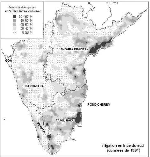 Figure 8 : Pourcentage d'irrigation des terres cultivées en zones rurales, Inde du sud, 1991