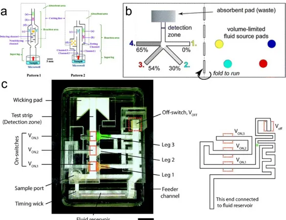Figure 2-4. (a)  A “maze-like” paper-based device for detection of human chorionic gonadotropin  (hCG)  based  on  an  ELISA  mechanism