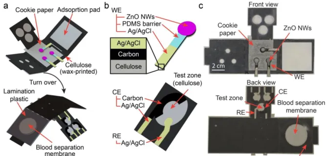 Figure 3-1. Schematic illustration of the all-in-one E-μPAD. (a) Schematic of the assembled E- E-μPAD  with  all  components