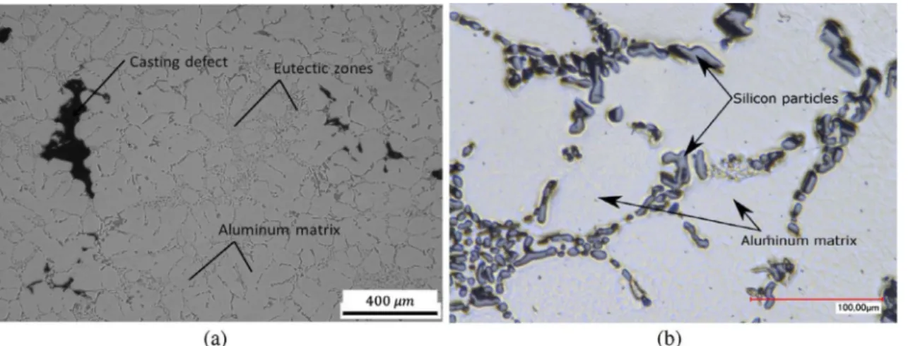 Fig. 1. Microstructural heterogeneities present in the cast aluminium alloys under investigation AlSi7Mg0.3: (a) typical microstructure of cast aluminium alloys; (b) zoomed view [10].