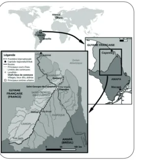 Fig. 1. Localisation de la zone  transfrontalière de l’Oyapock   (E. Roux, IRD/ESPACE-DEV, 2020