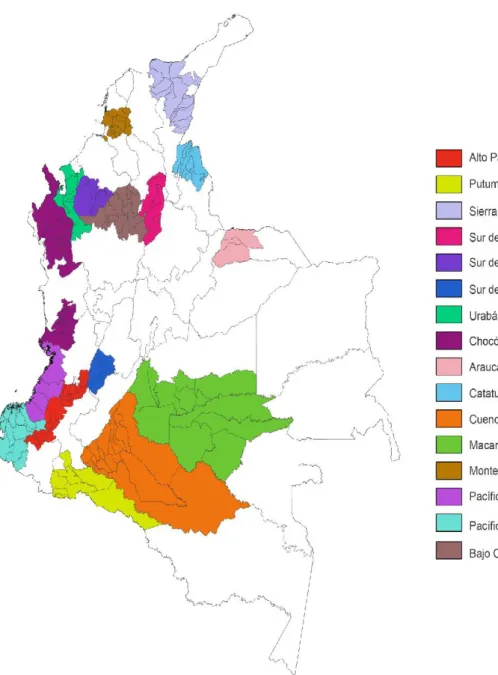 FIGURE 9. Carte d'implémentation des PDET par sous régions. Source: Alta Consejería Presidencial  para el Posconflicto, 2017 