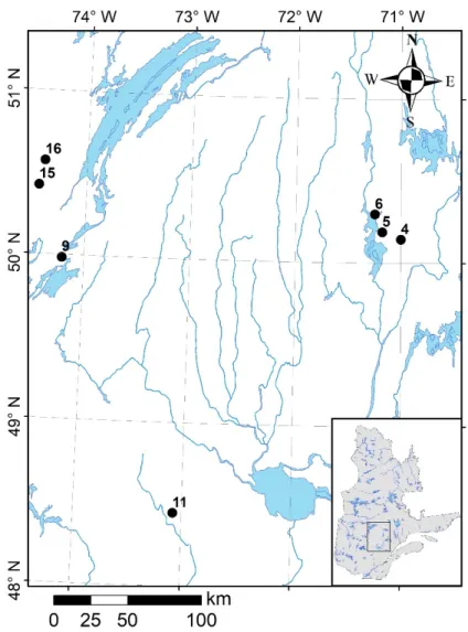 Figure 1. Location of the seven study sites in the province of Quebec, Canada.  Figure 1