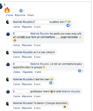 Figure 11. Exemple d'échanges sur Facebook grâce à Google  Traduction.