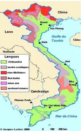Figure 3 : répartition géographique des cinq groupes linguistiques au Viet Nam 23 . 