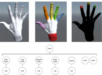 Figure 2: Top row: a hand model highlighting the se- se-mantic parts at the same containment level: the whole model (left); fingers, palm and wrist (middle); nails (right)