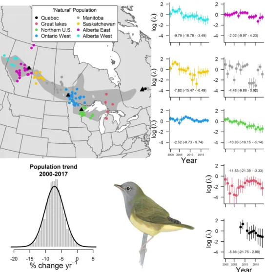 Fig. 1 The breeding distribution of the Connecticut warbler (gray polygon) is comprised of eight ‘natural’ 