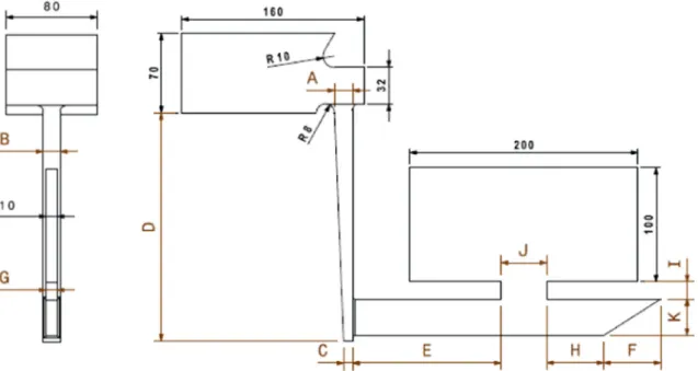 Fig. 2 Design and dimensions of the casted part with the studied gating system (in mm)