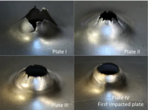 Fig. 8. Mixed failure mode observed for steel sheet sandwich using a conical projectile shape, V 0 ¼172 m/s for dry contact.