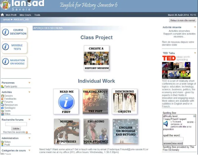 Figure 2 : Page d’accueil de l’espace de cours en ligne sur la plateforme Moodle 