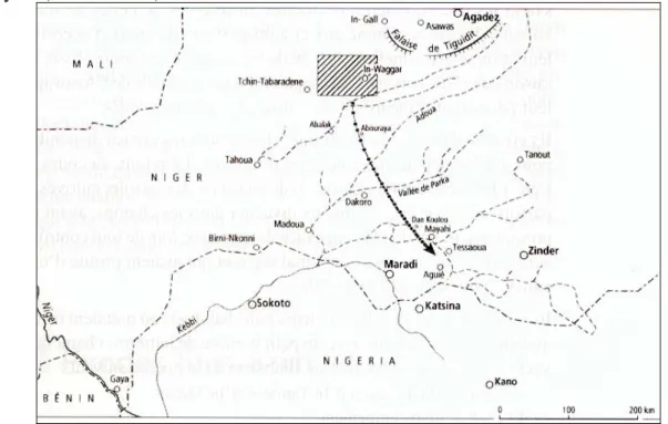 Figure 1. Exode des Touaregs Illabakan en vingt étapes vers la région méridionale de  Mayahi (octobre 1984)
