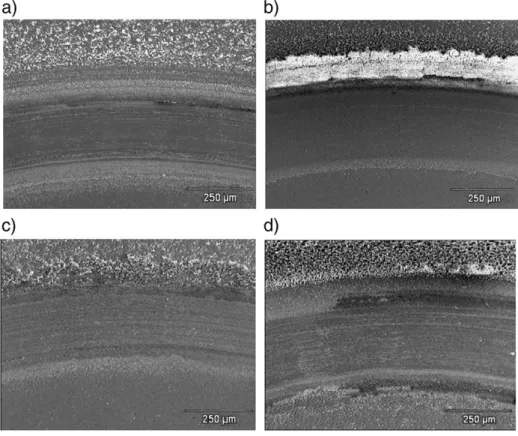Fig. 3. SEM micrographs of the wear track corresponding to the 316 stainless steel samples tested in: (a) SBF solution at 5 N; (b) 3.5% NaCl solution at 5 N; (c) SBF solution at 2 N;