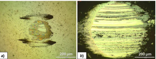 Fig. 13. Wear scar of 100Cr6 steel ball sliding against TiC+a-C:H coating manufactured on  X38CrMoV5-1 steel: a) after 800 meter test at 25°C, b) after 450 meter test at 200ºC