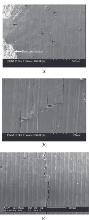 Fig. 10 SEM micrographs of turned surface fatigue sample showing fatigue cracks nucleation sites: (a) short micro-cracks initiating inside the machining grooves, (b) coalescence of the surface short  micro-cracks and (c) longer fatigue micro-cracks resulti