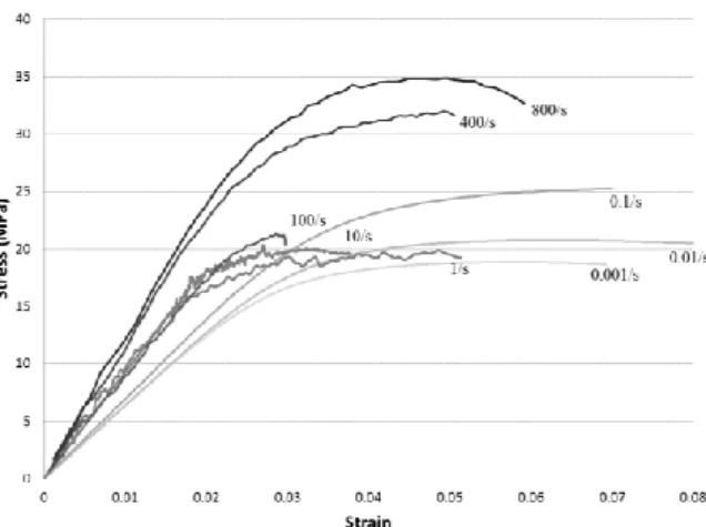 Figure 2: Stress-Strain responses for different strain rates   The data confirms that cancellous bone is strain rate  sensitive with a non-linear response