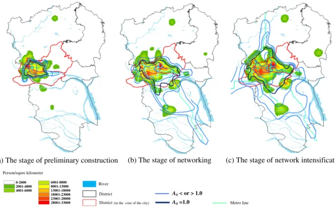 Fig. 13. Spatial evolution of the population density and the contours of time-based nodal accessibility in the three stages of metro network development.
