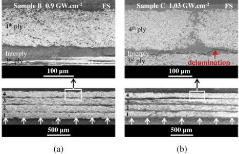 Fig. 7b shows the cross section of the sample C. A 2 l m thick crack is visible in the epoxy layer between the 3 rd and the 4 th ply, in agreement with the computation shown in Fig