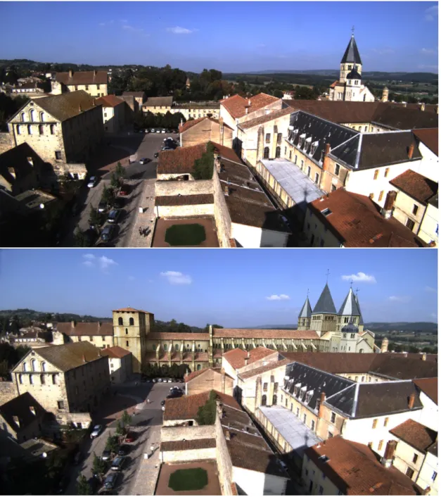 Fig. 5. Merging of the virtual church into the live video-feed (top: real view, bottom: augmented view)