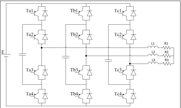 Figure 7 : Convertisseur triphasé 5 niveaux à capacités flottantes  1.2.3  Onduleur en pont H en Cascade 