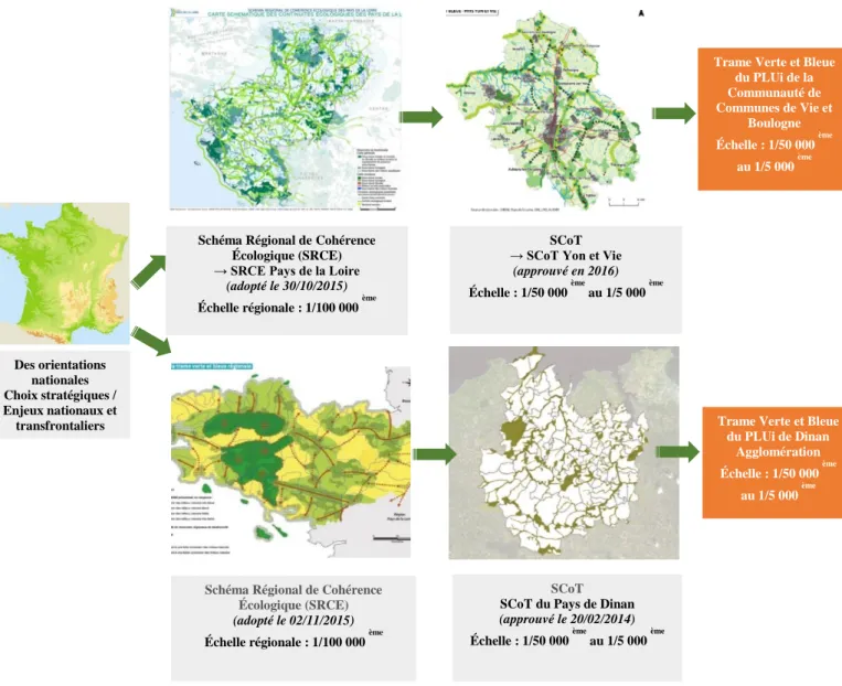 Figure 5: Déclinaison de la Trame Verte et Bleue de l'échelle nationale à l'échelle intercommunale, cas des territoires de Vie  et Boulogne (en haut) et Dinan Agglomération (en bas) (Even-Conseil, 2017)