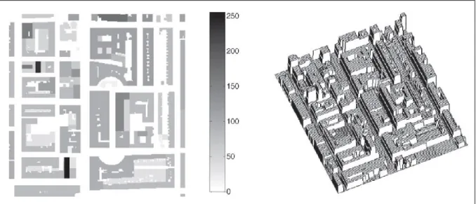 Figure 1.11 Visualisation du quartier modélisé de Londres selon différentes teintes illustrant  la 3 e  dimension ainsi que le modèle géométrique tridimensionnel correspondant  
