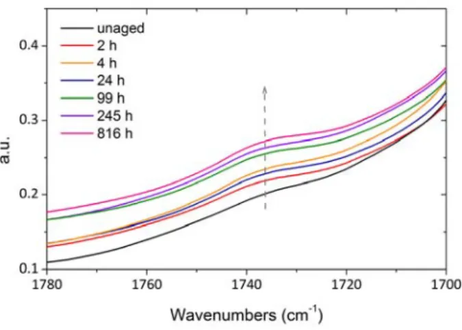 Fig.  12  depicts  the  changes  of  FTIR  spectra  in  the  carbonyl  region  for  samples  exposed  under  inert  atmosphere. 