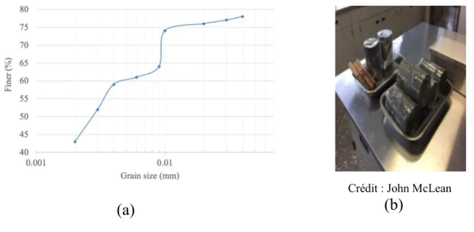 Fig. 12: Soil sample and granulometry; a) granulometry curve of a sample soil  and b) soil samples ready for freezing.