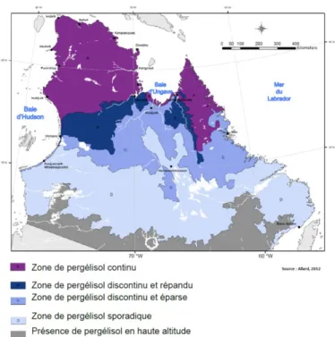 Figure 2: Carte de distribution de différentes zones de pergélisol au nord du  Québec et Labrador (Tiré de Grandmont, 2013)