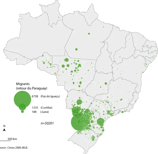 Figure 2. Population née au Brésil qui a déclaré une résidence antérieure au Paraguay  entre 1990 et 2000 selon le « município » de résidence au Brésil en 2000